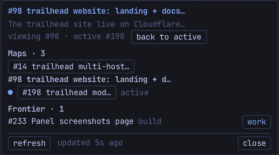 The panel viewing another map, with the viewing header and the back to active button