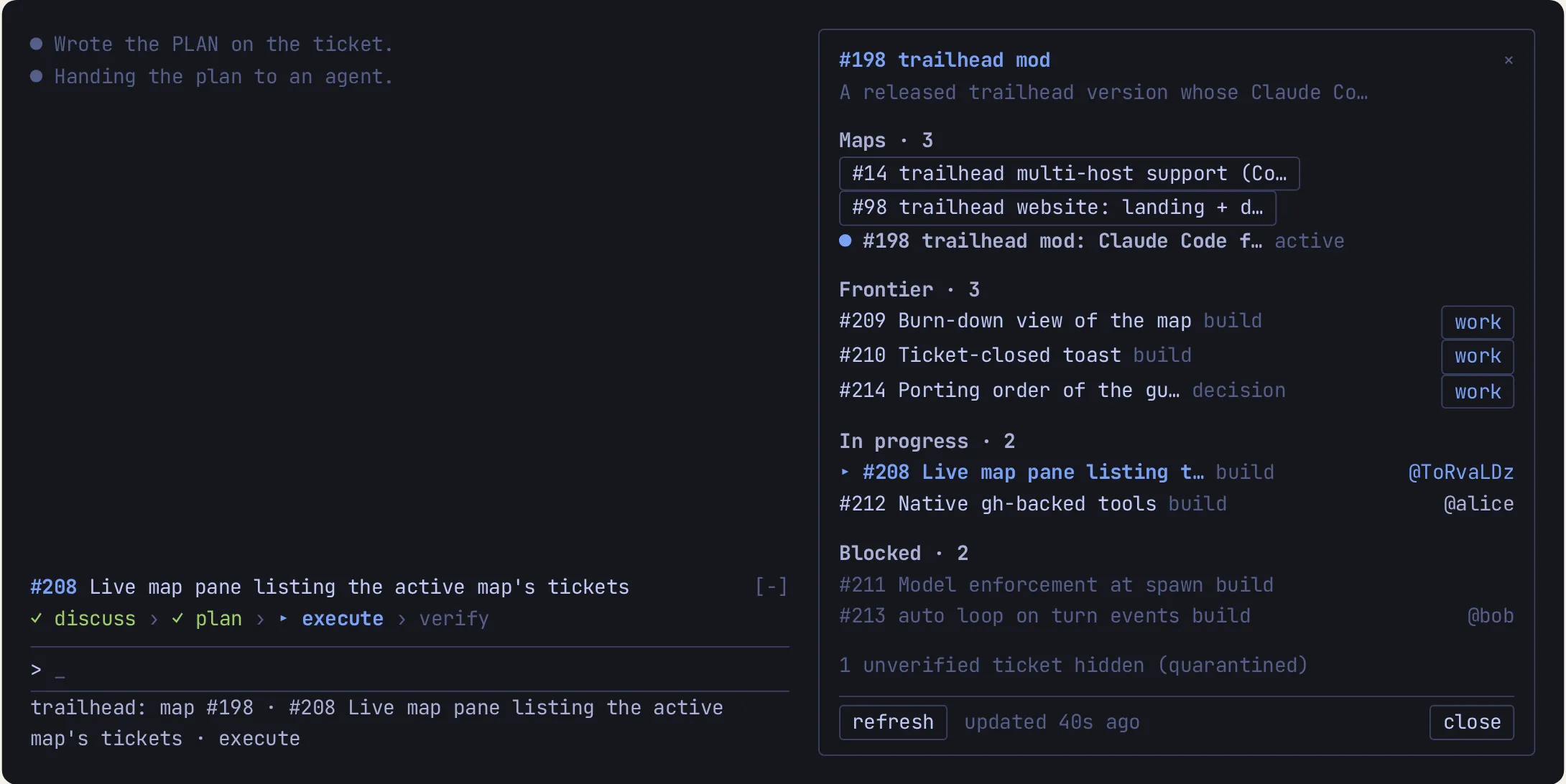 The trailhead map panel docked beside the Claude Code transcript: the open maps, the frontier with a work button per ticket, tickets in progress and blocked, and a footer with refresh and close